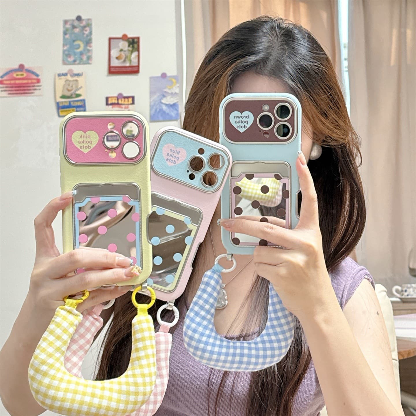 Minimalist Solid Color Mirror Polka Dot Card Holder Case for iPhone 17 Pro Max Handheld 15 Apple 16 Phone Case 14 Women