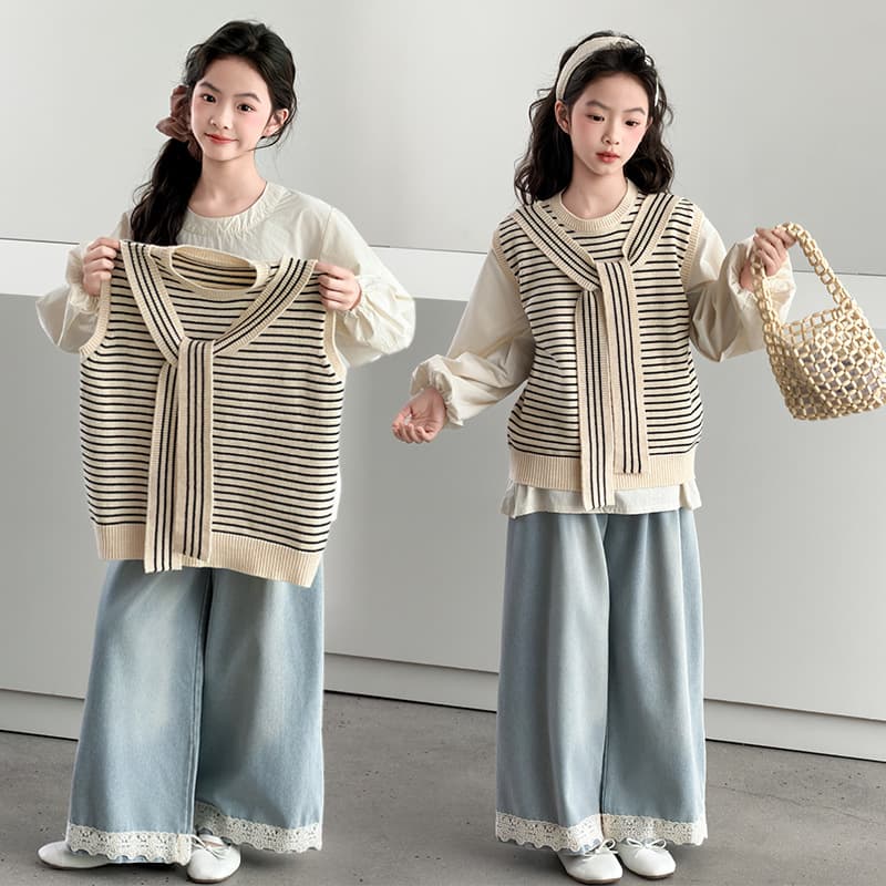Spring girls long-sleeved shirt and vest set new children's clothing children's girl doll sweater sweater vest two-piece set