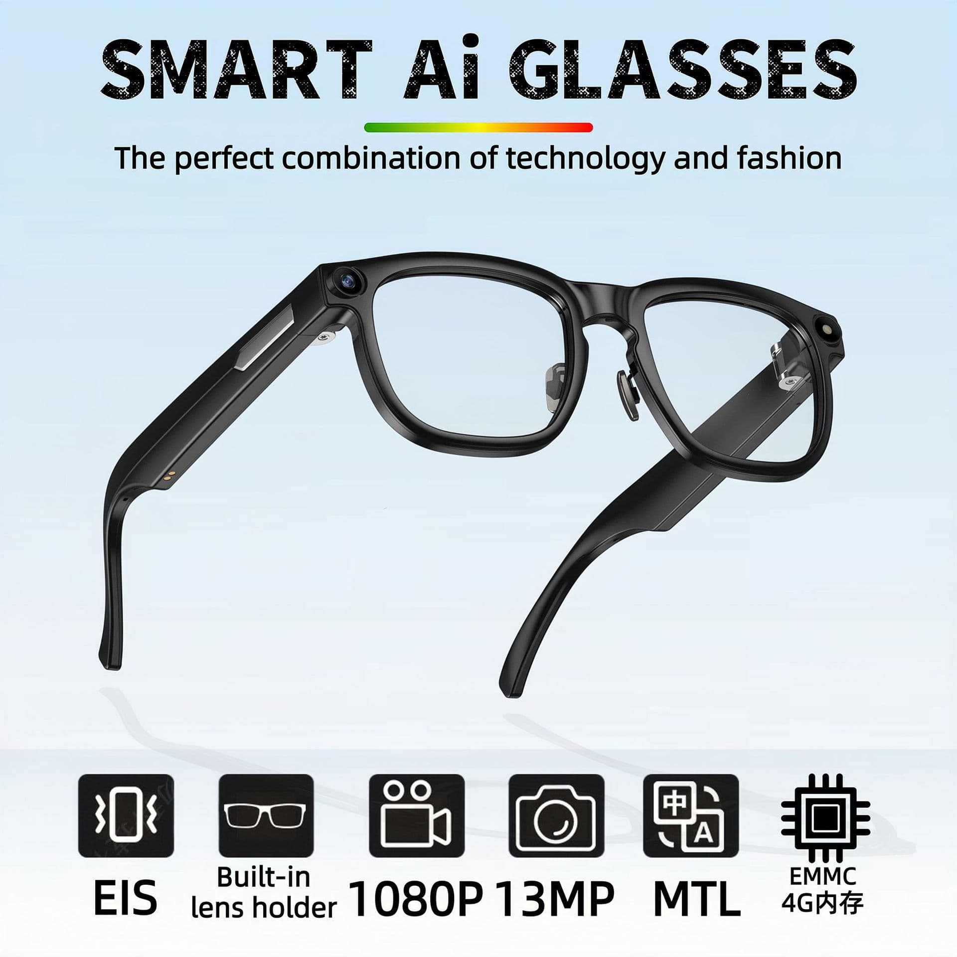 Cross-Border Smart Glasses with Camera, 13MP High-Definition Anti-Shake Photography, Simultaneous Translation, Call Recording, AI Glasses
