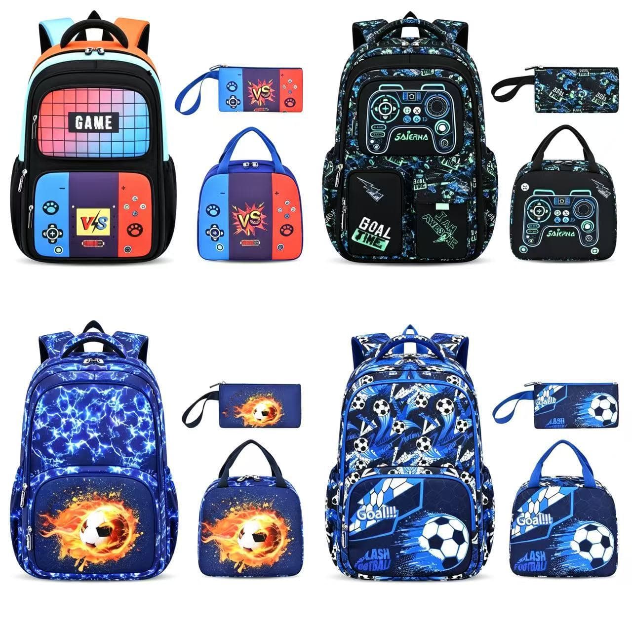 Export Cross-Border Football 3-Piece Set School Bag Primary School 6th Grade Large Capacity Lightweight Spine-Relieving Kids Double Shoulder Backpack