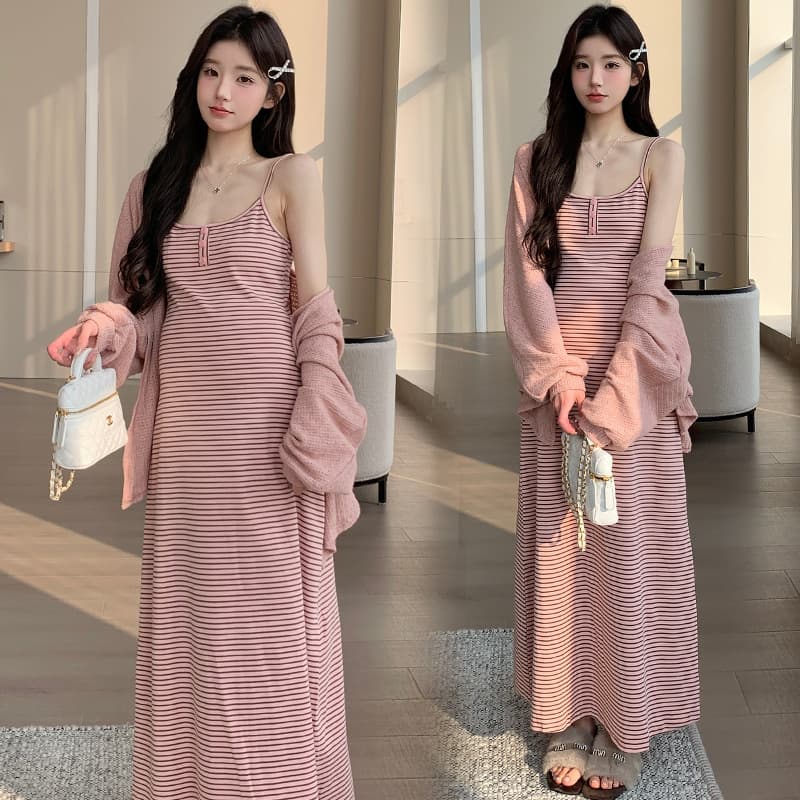2026 New Early Spring Pure Desire Lazy Style Strap Maternity Dress Knit Cardigan Two-Piece Set