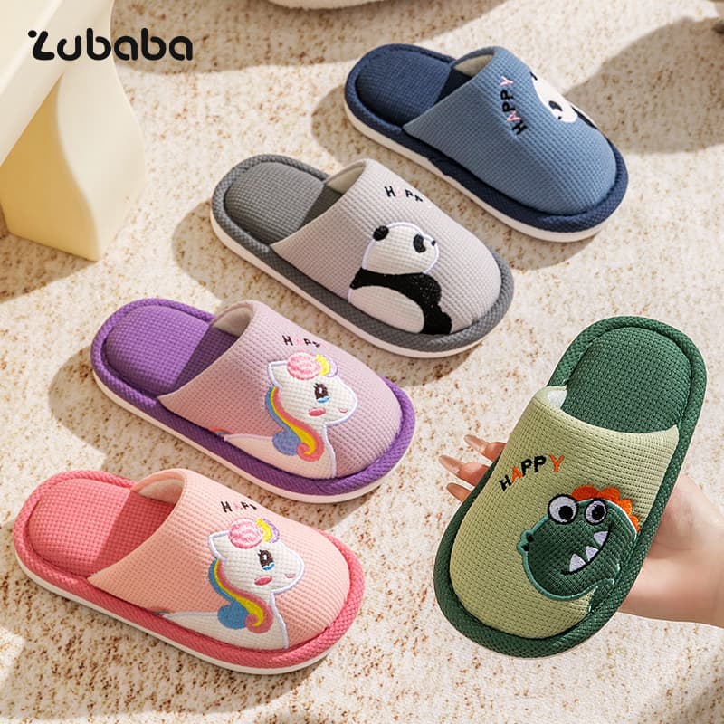 Children's Cotton Slippers for Autumn and Winter, Boys and Girls Indoor Home Cotton Slippers, Non-Slip Parent-Child Cartoon All-Season Cotton and Linen Slippers