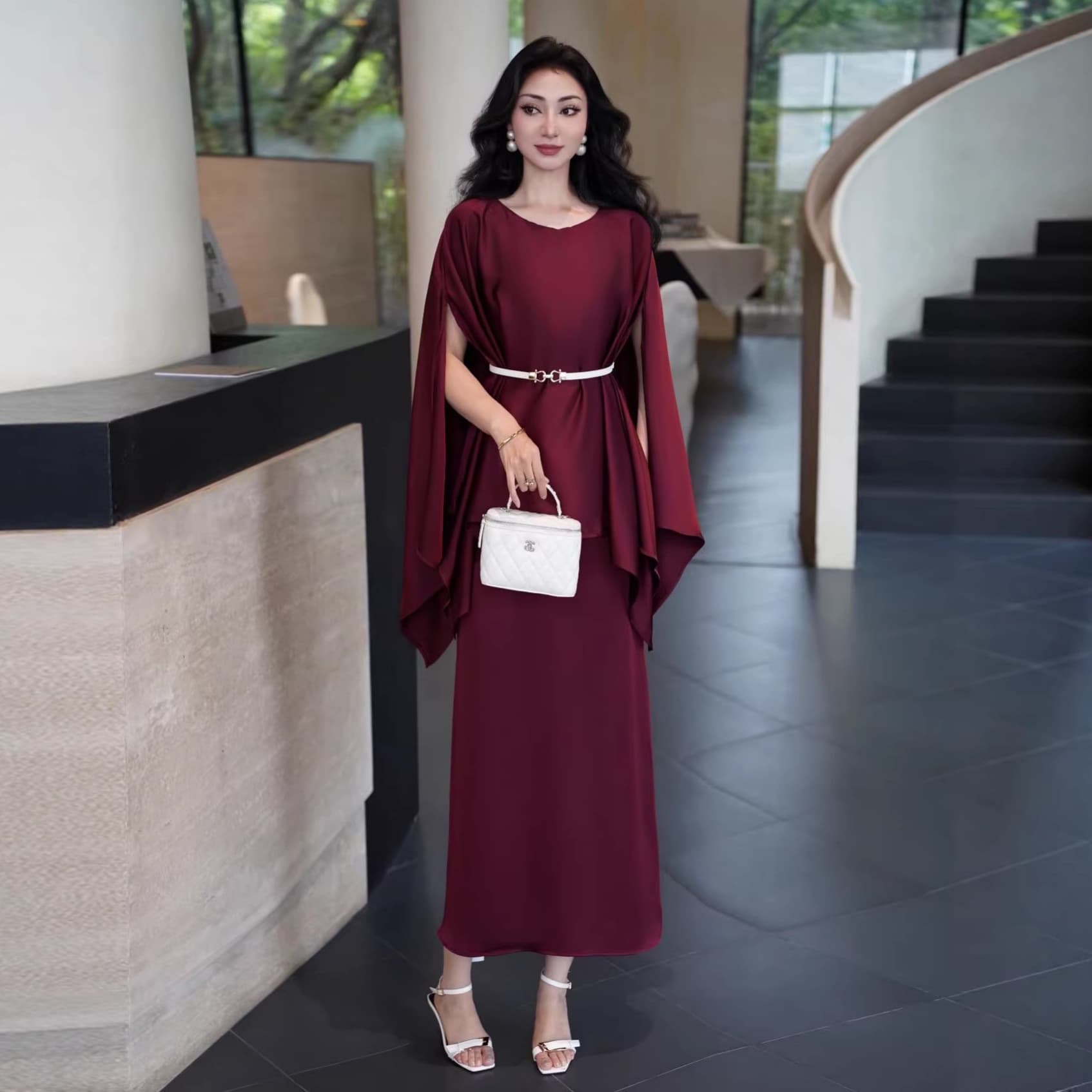 Chenyu Niche Design Batwing Sleeve with Belt Two-Piece Set Women's Cross-Border Elegant Burgundy Suit
