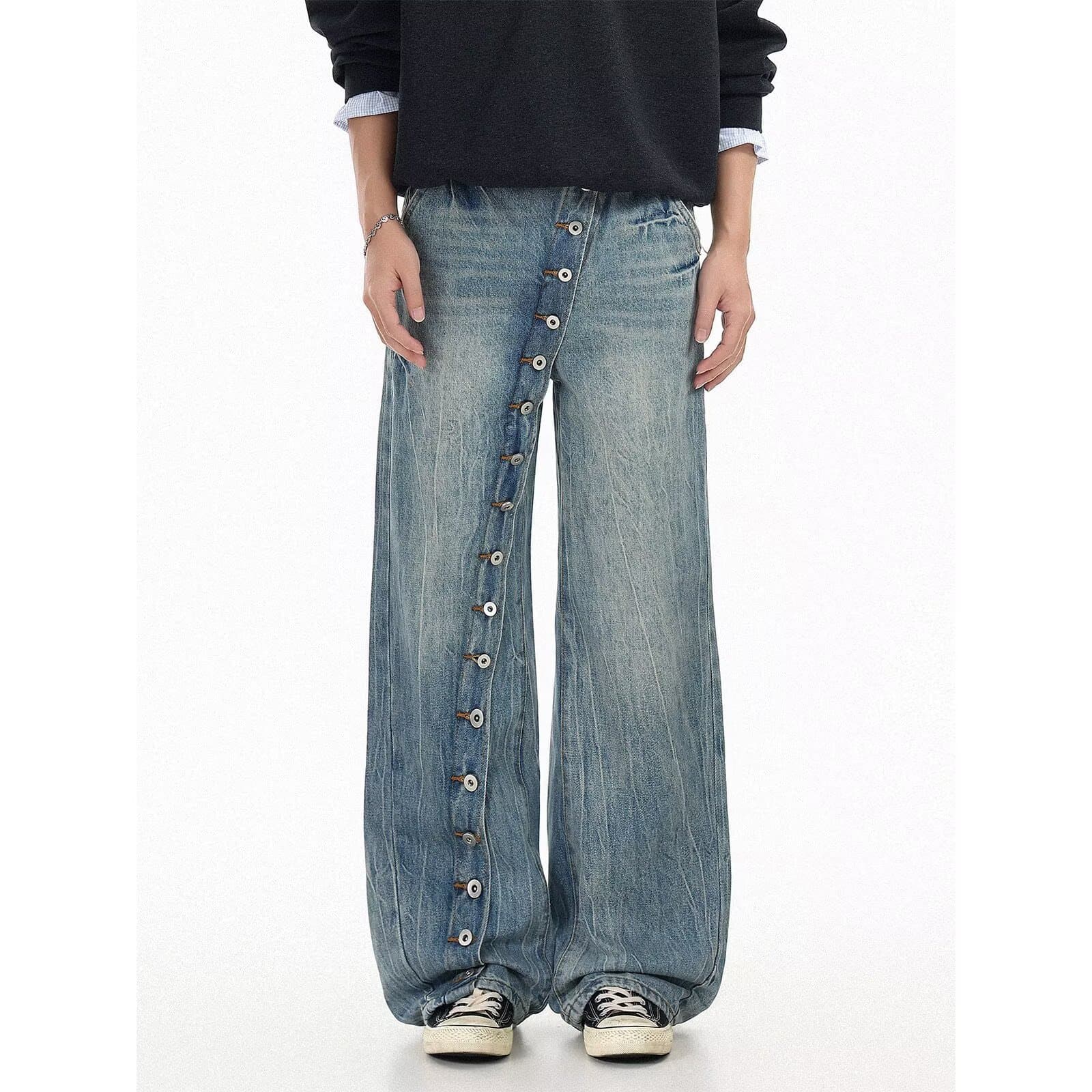American retro washed slant door button straight jeans men's design niche loose casual versatile wide leg pants