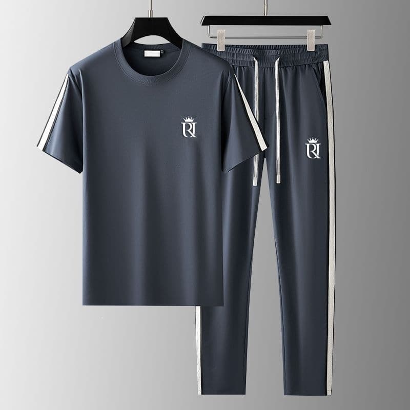 Summer mint Mambo sports suit short-sleeved shirt silky men's ice silk trousers casual two-piece set