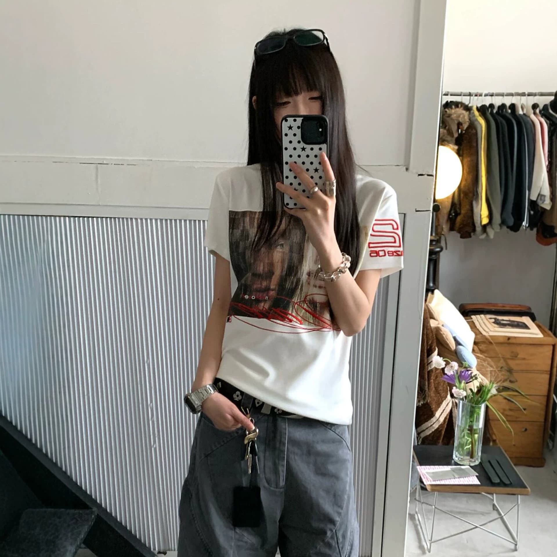Street Style American Straight Shoulder Short Sleeve Women's Summer Punk Visual Heavyweight T-Shirt Slim Fit Subculture Top