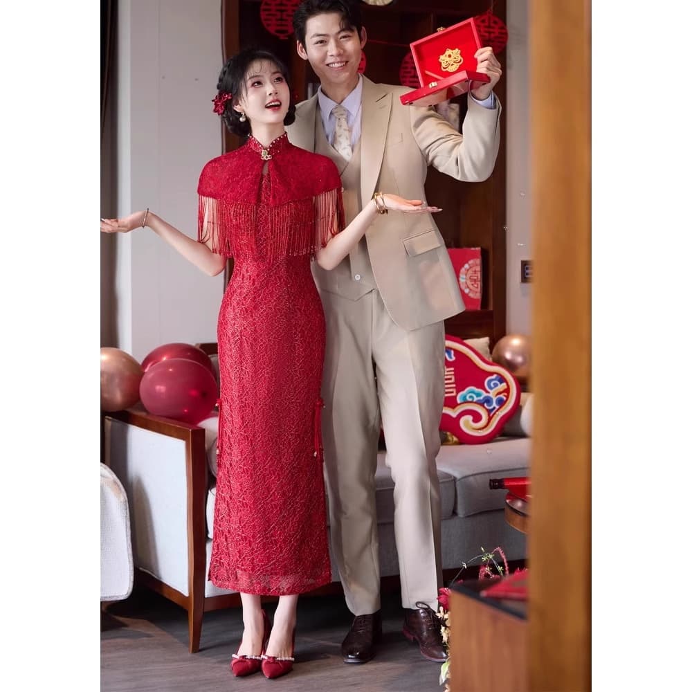 Burgundy High-End Engagement Cheongsam Dress Skirt New Chinese Style National Style Banquet Dress Bride Return Home Thank You Banquet Casual