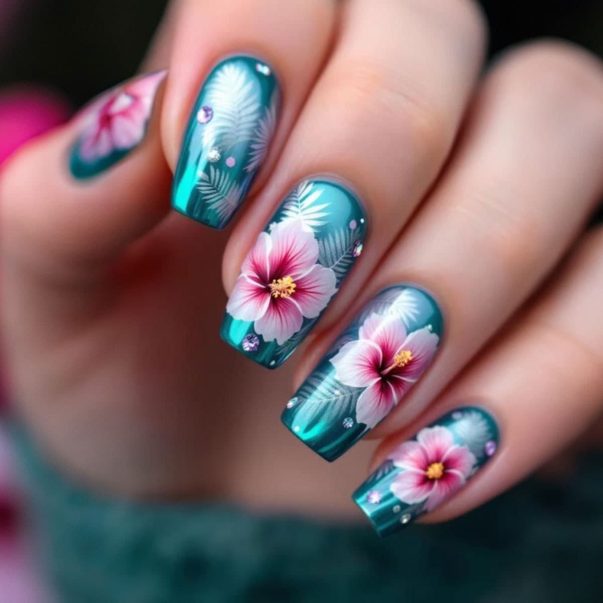 Cross-border Blue Flower Nail Tips European American Ins Style Wearable Nails with Rhinestones Press-on Fake Nails