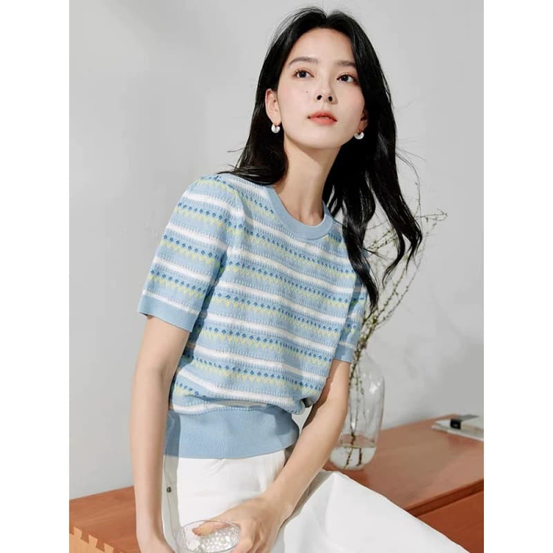 Korean style jacquard sweater for women, new design, color-blocked stripes, hollow loose short-sleeved top, trendy woolen woven women's clothing