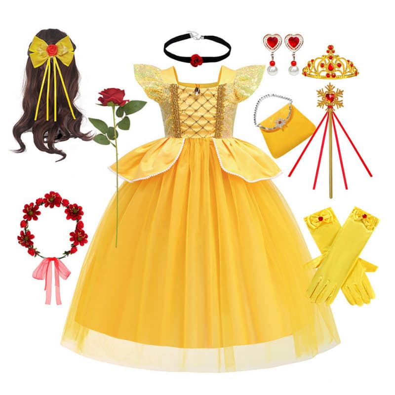Belle Princess Halloween Children's Sequined Tulle Tutu Dress Kids Costume Beauty and the Beast Princess Dress
