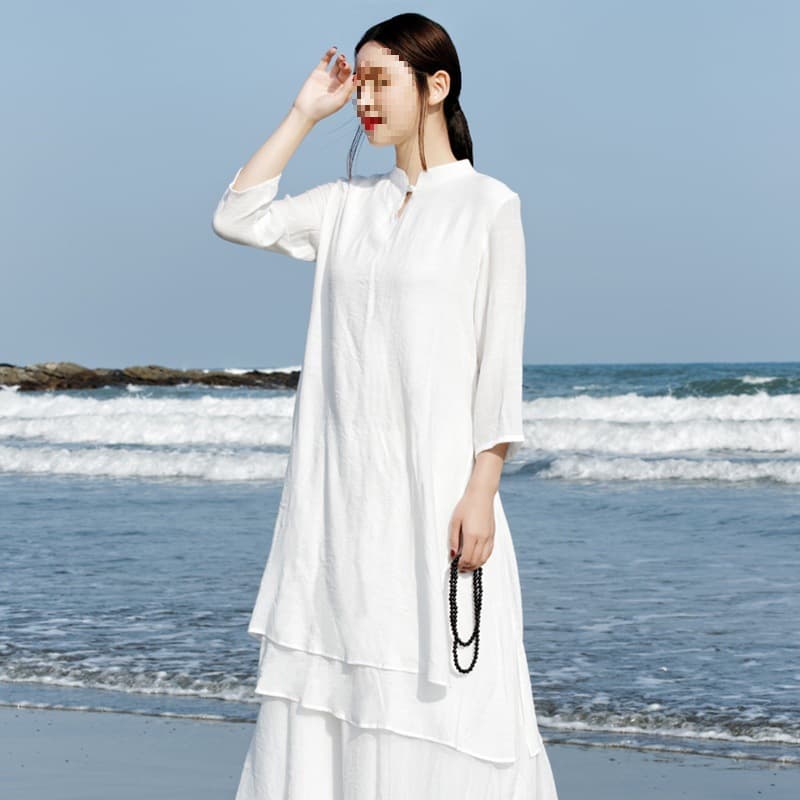 Chinese Style Women's Dress, Cotton Linen Double-Layer Long Zen Clothing, Tea Attire, Meeting Workwear, Health Meditation Layman Sitting