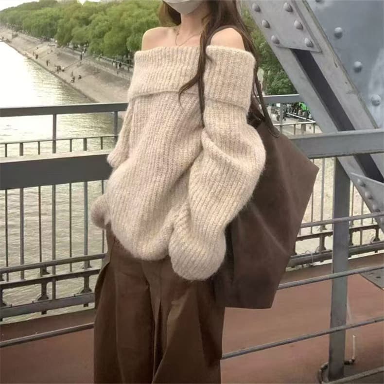 Gentle Style Off-Shoulder Thick Pullover Sweater for Women, 2025 Autumn/Winter Korean Soft Knit Top for Outerwear