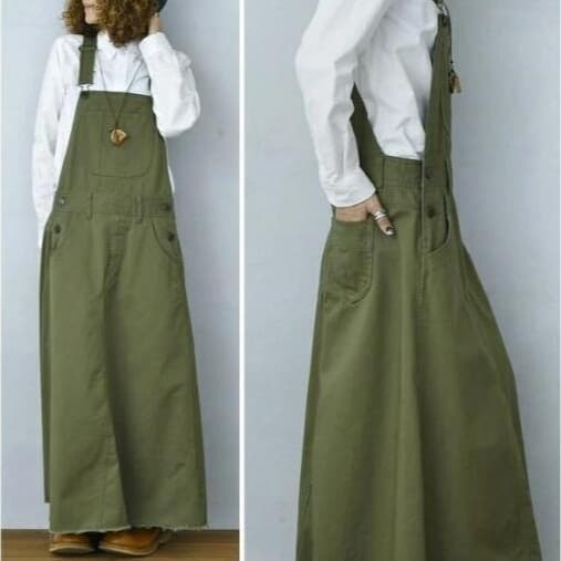 Korean style suspender dress 2024 new women's long skirt army green trendy pocket large hem skirt