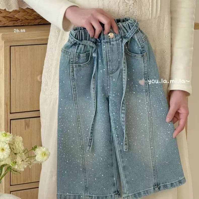 Girls' Rhinestone Jeans 2026 Spring/Fall Style Korean Trendy Versatile Hot-Fix Crystal Straight-Leg Wide-Leg Denim Pants for Young Children
