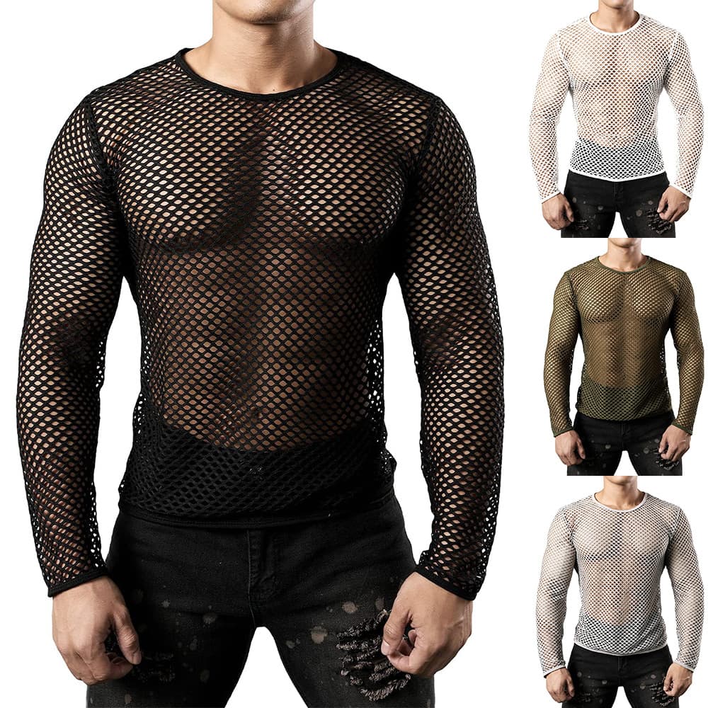 New European and American Men's Summer Hollow Round Neck Long Sleeve Top Fishnet Loose Breathable Large Size Overlay Men's Clothing