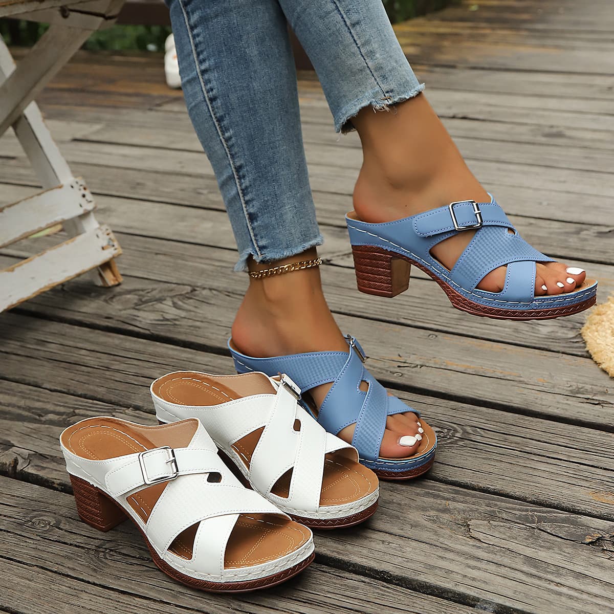 Cross-border Cross-strap High-heel Slippers Summer 2026 Women's Large Size Chunky Heel European and American Hollow Out Foreign Trade Sandals Wholesale