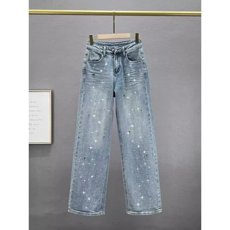 Fashion Star Rhinestone Straight Leg Jeans for Women 2025 Washed High Waist Loose Fit Slimming Versatile Wide Leg Long Pants