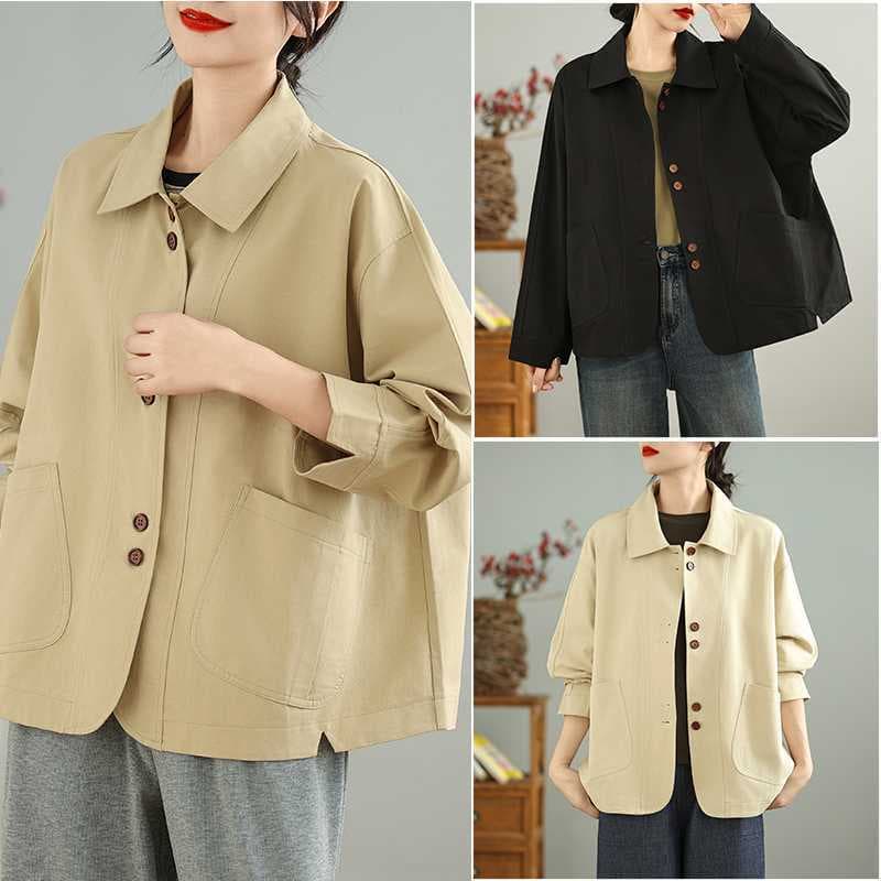 Actual Photo 2025 Early Spring Loose Lapel Long Sleeve Casual Retro Short Trench Coat Blazer