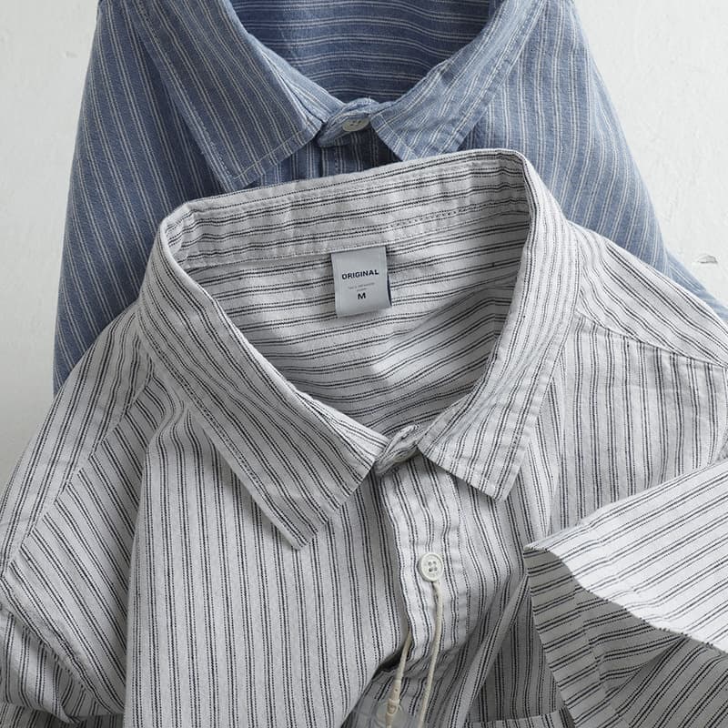 Japanese Retro Striped Short Sleeve Shirt for Men, Summer Thin Breathable Casual Half-Sleeve Cardigan, Pure Cotton Men's Shirt