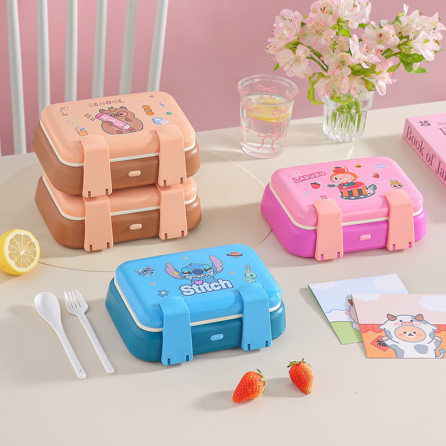 Cross-border cartoon double-layer children's lunch box microwaveable lunch box convenient compartmented lunch box with tableware outdoor