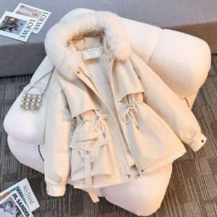 Export 2025 European Winter New Parka Hooded Cotton Coat Women Cotton Padded Jacket Fashion Versatile Detachable Fur Collar