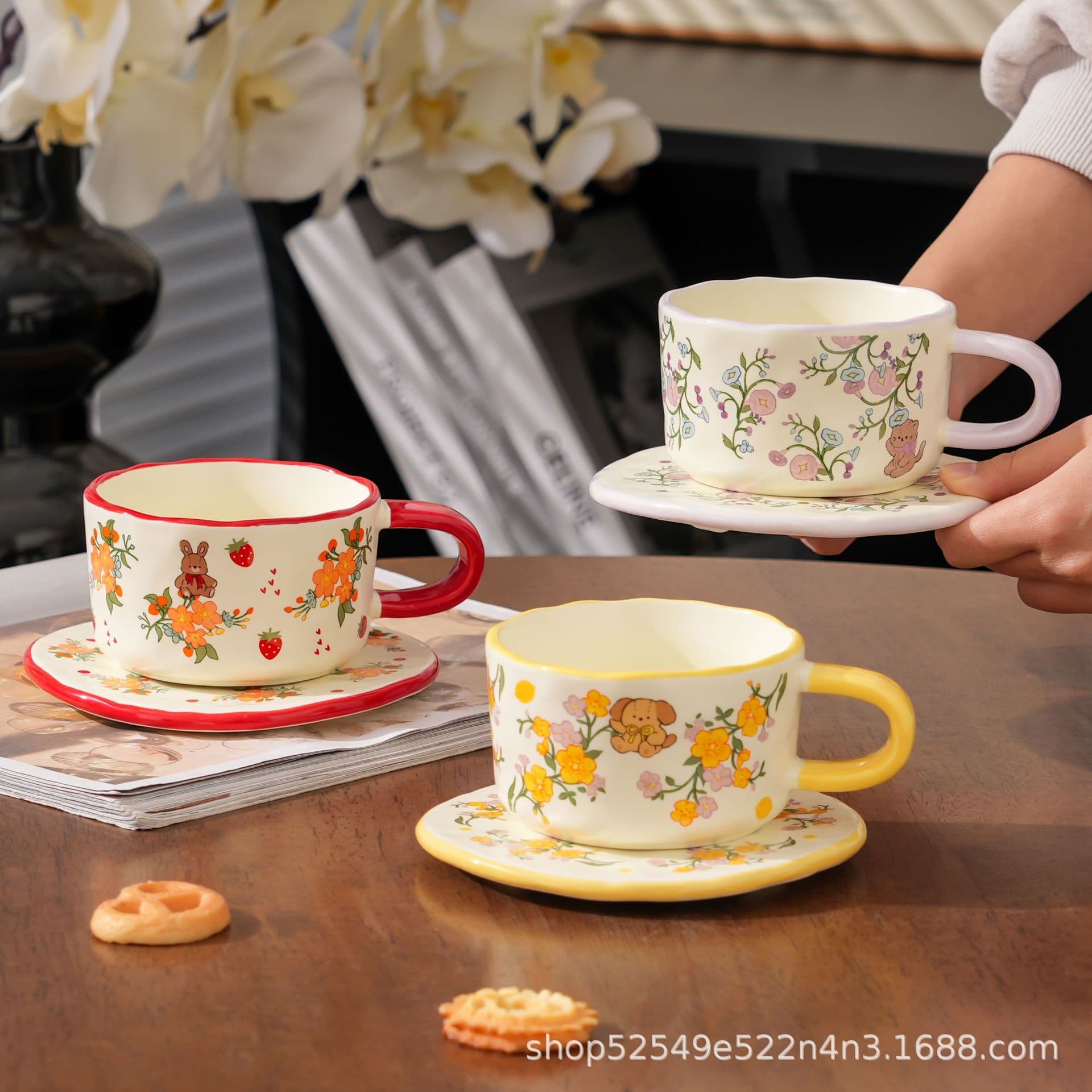 Creative Japanese Pastoral Cartoon Coffee Cup Flower Ceramic Mug Gift Water Cup Home Use Present Mug