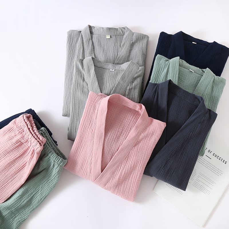 Spring/Summer Thin Crepe Double-Layer Gauze Japanese Kimono Pajamas Women's Open-Front Loungewear Men's Plus Size Loose Fit