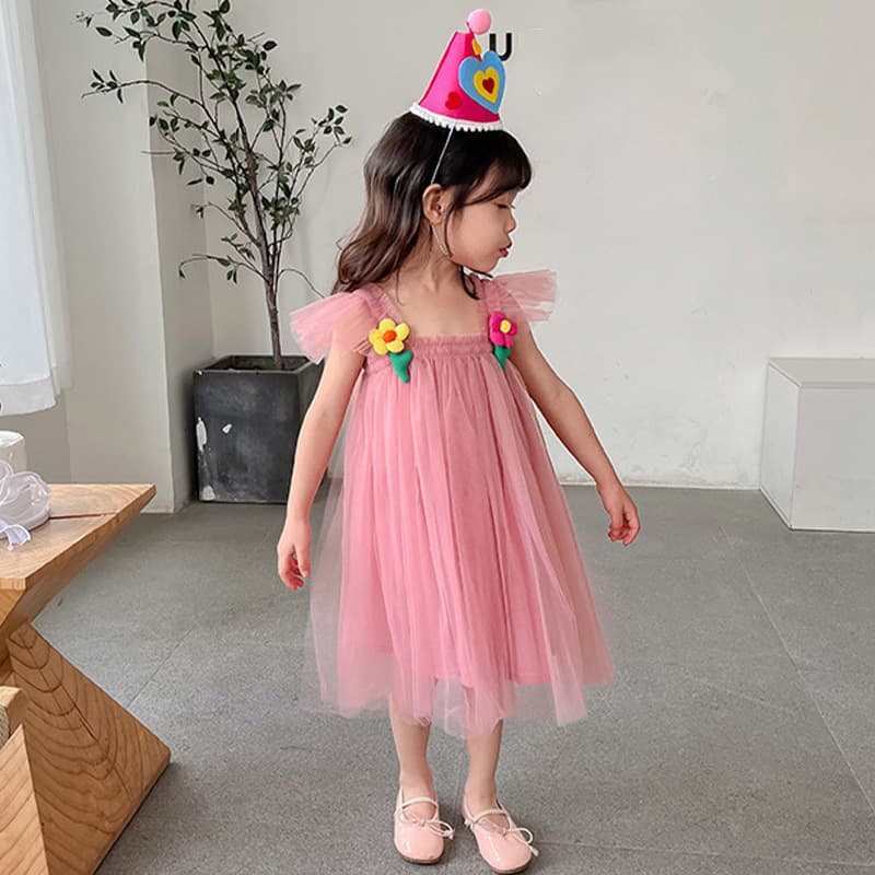 Girls Flower Mesh Dress 2026 Summer Style Flying Sleeves Small and Medium-sized Children Baby Puff Skirt Princess Dress Children's Skirt
