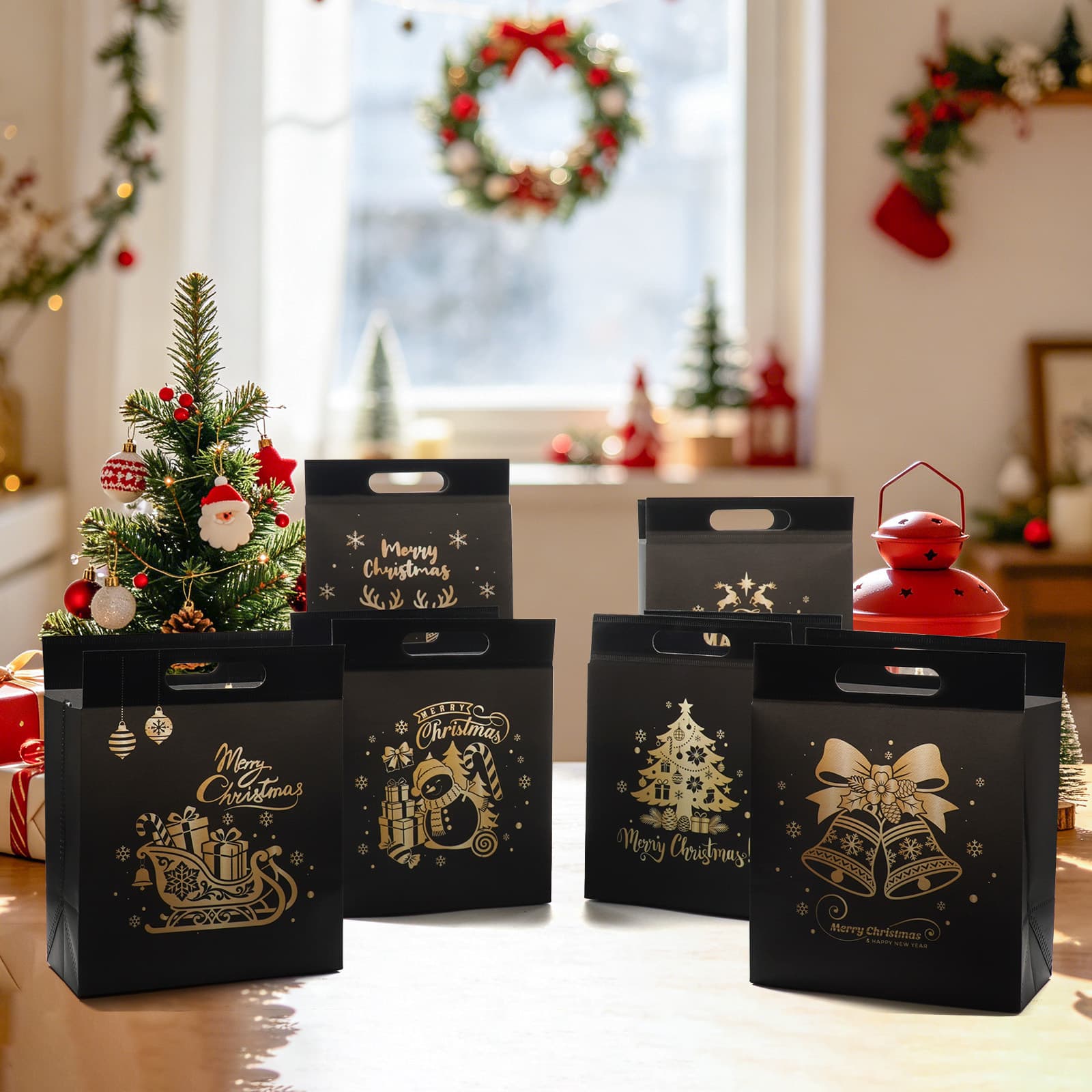 Black Festive Christmas Tote Bag Custom Business Gift Bag Holiday Party Packaging Woven Tote Bag Wholesale