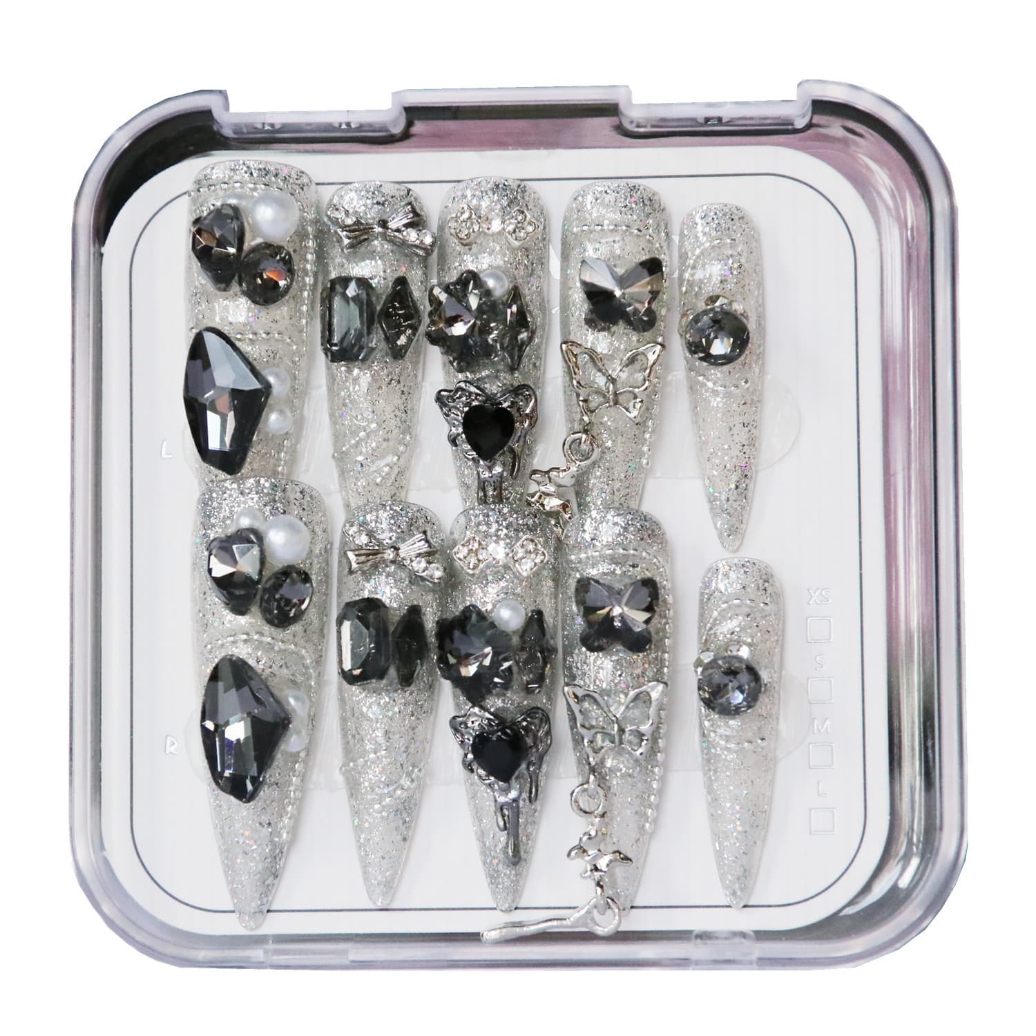 Handmade Press-On Nails New Cross-Border European and American Pointed Extra-Long Silver Full Rhinestone False Nails Detachable Nail Tips