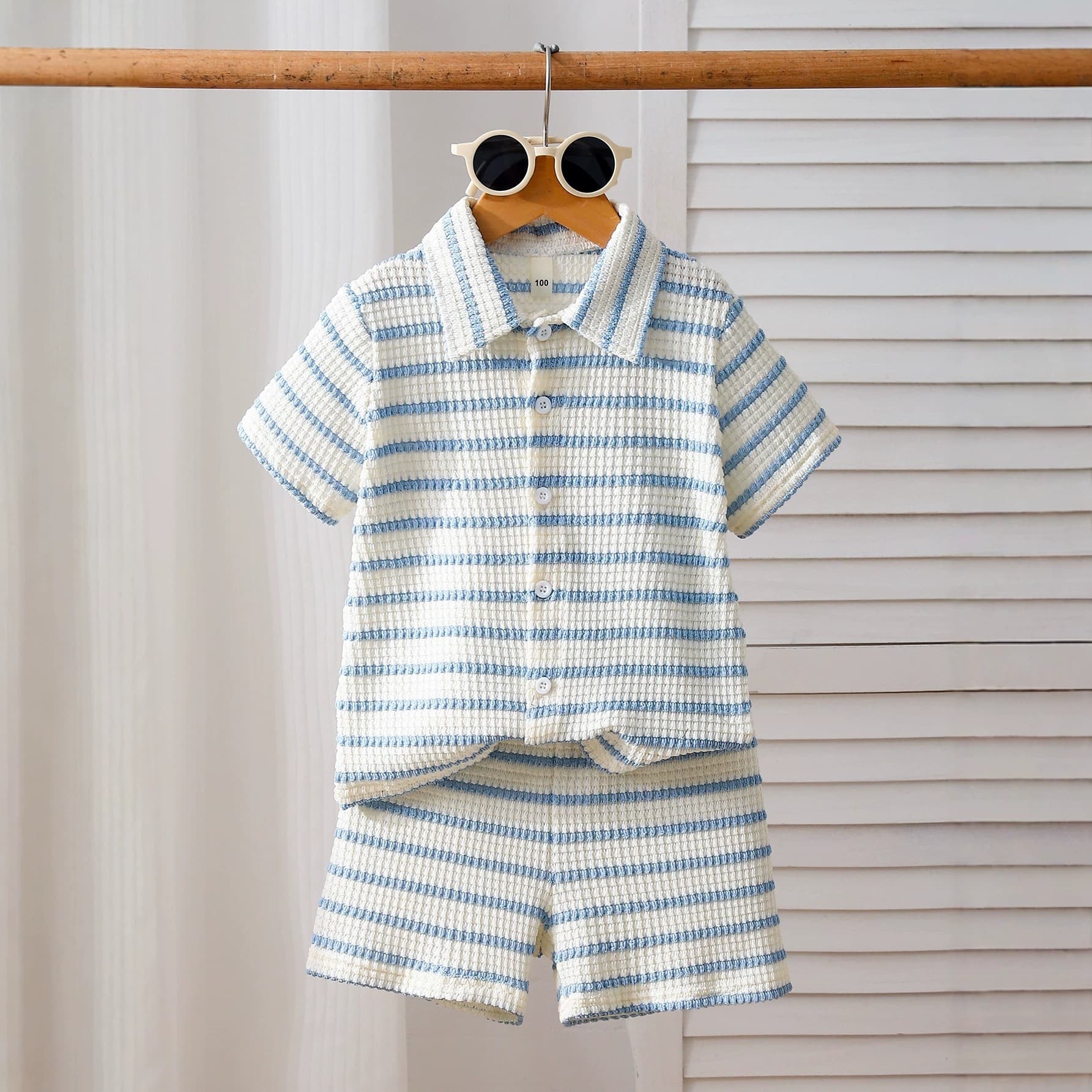2026 New Boys' Summer Knit Fresh Striped Lapel Shirt Short Sleeve and Shorts Kids Set