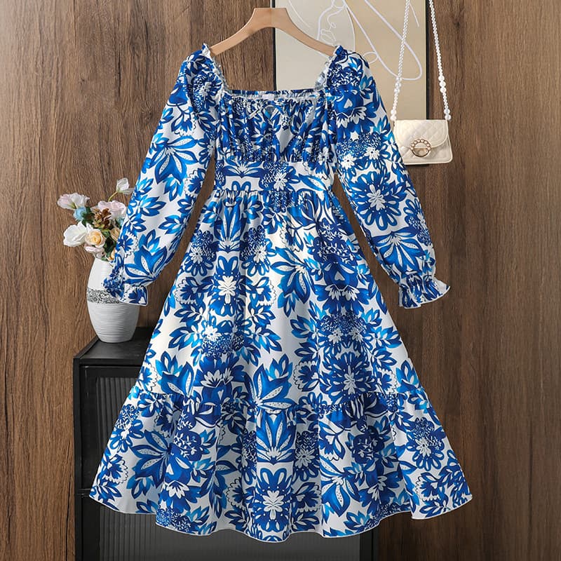 Cross-border girls' clothing 2025 Amazon European and American new autumn fashion printed temperament large swing long-sleeved dress