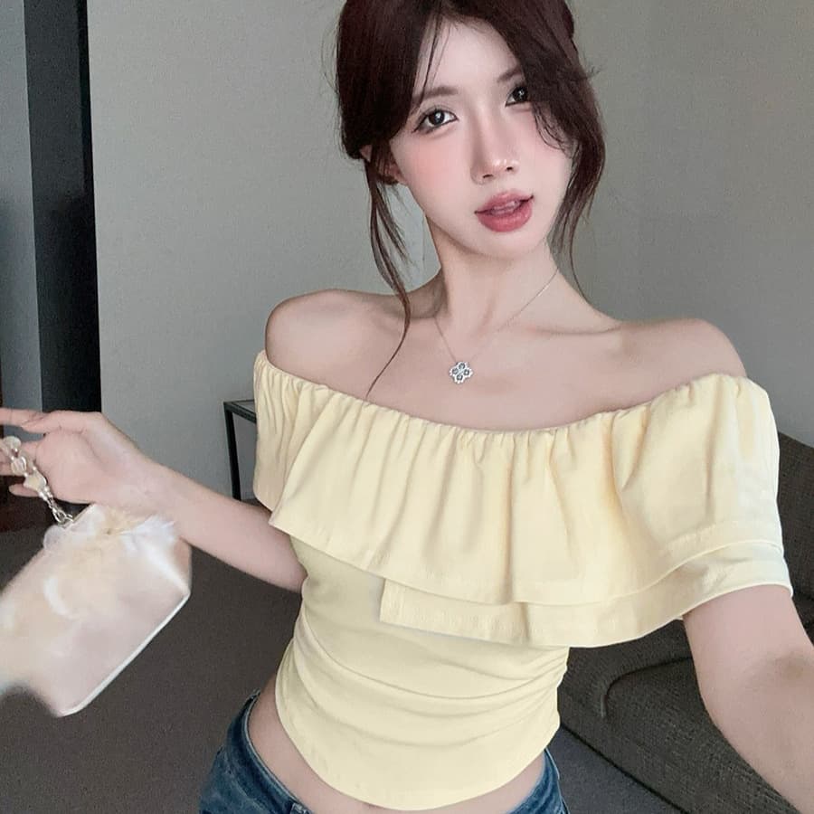 Elegant Design Sensibility Sexy Cropped Top Off-shoulder Short Sleeves T-shirt For Women Summer Ruffle Edge Pure Will