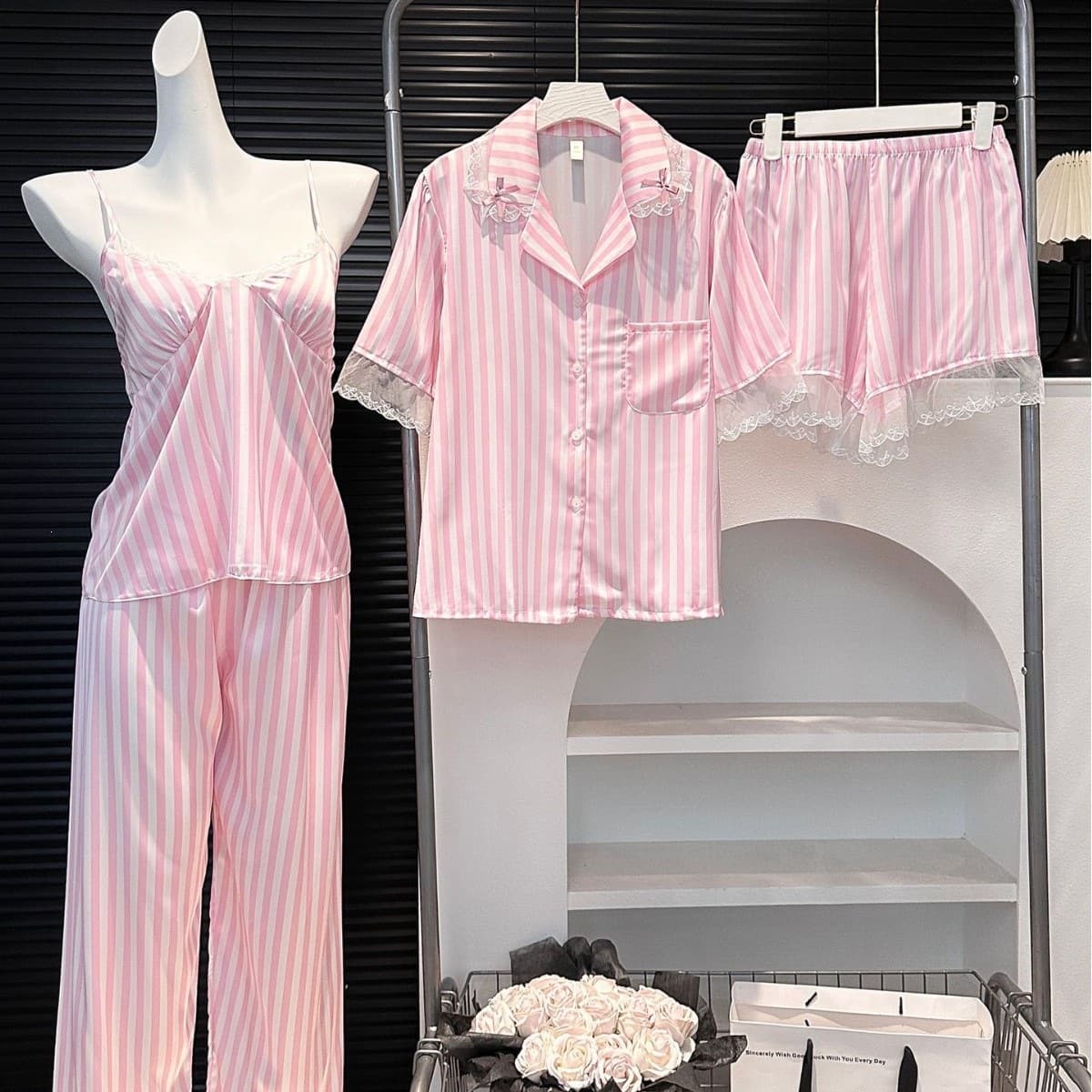 Summer ice silk pajamas women's short-sleeved cardigan pink and white striped lace sweet thin home wear four-piece set