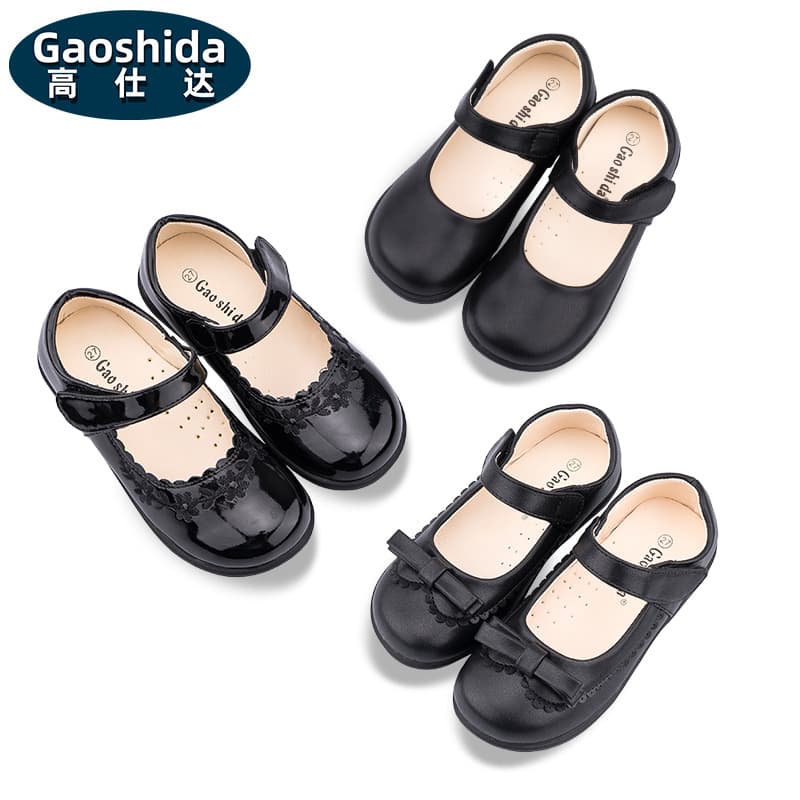 Girls' black school shoes, matte finish, performance shoes, matte casual soft-soled princess shoes, handmade for medium and large children.