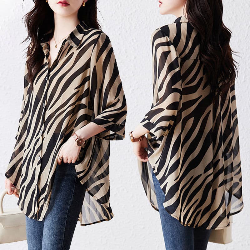 Plus Size Women's Fashion Mid-Length Zebra Print Shirt Loose Three-Quarter Sleeve Lightweight Breathable Belly-Covering Youthful Trendy