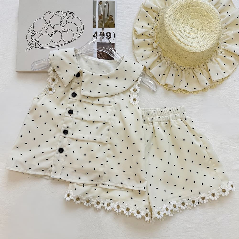 Girls off-white polka dot doll collar daisy sleeveless top set summer new baby girl shorts two-piece set