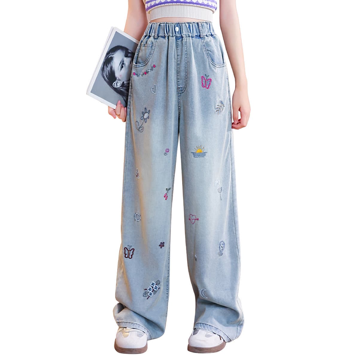 Girls 2025 New Tencel Jeans Summer Mosquito-Repellent Pants Stylish Summer Wear Big Kids Ice Silk Wide Leg Pants