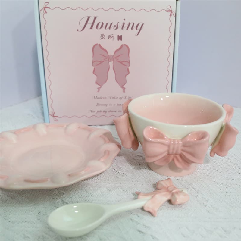 Little Princess Bowknot Dinnerware Set Ceramic Plate Household Rice Bowl Dessert Fruit Plate Breakfast Plate Ins Cute
