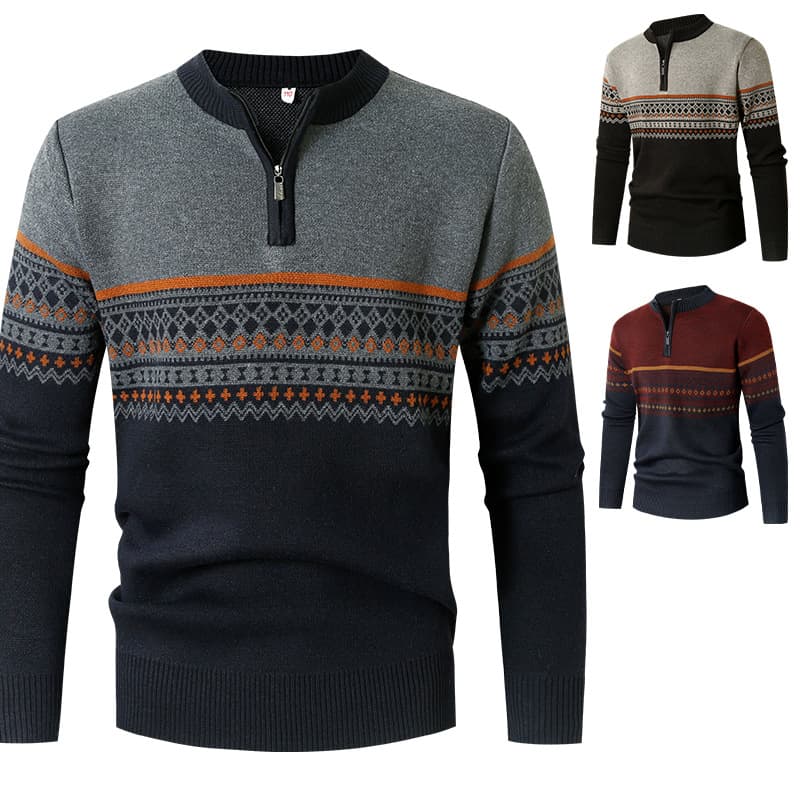 Winter Men's Middle-Aged Crew Neck Sweater Dad Outfit Long Sleeve Half-Zip Sweater Striped Knitwear Men's Loose Top