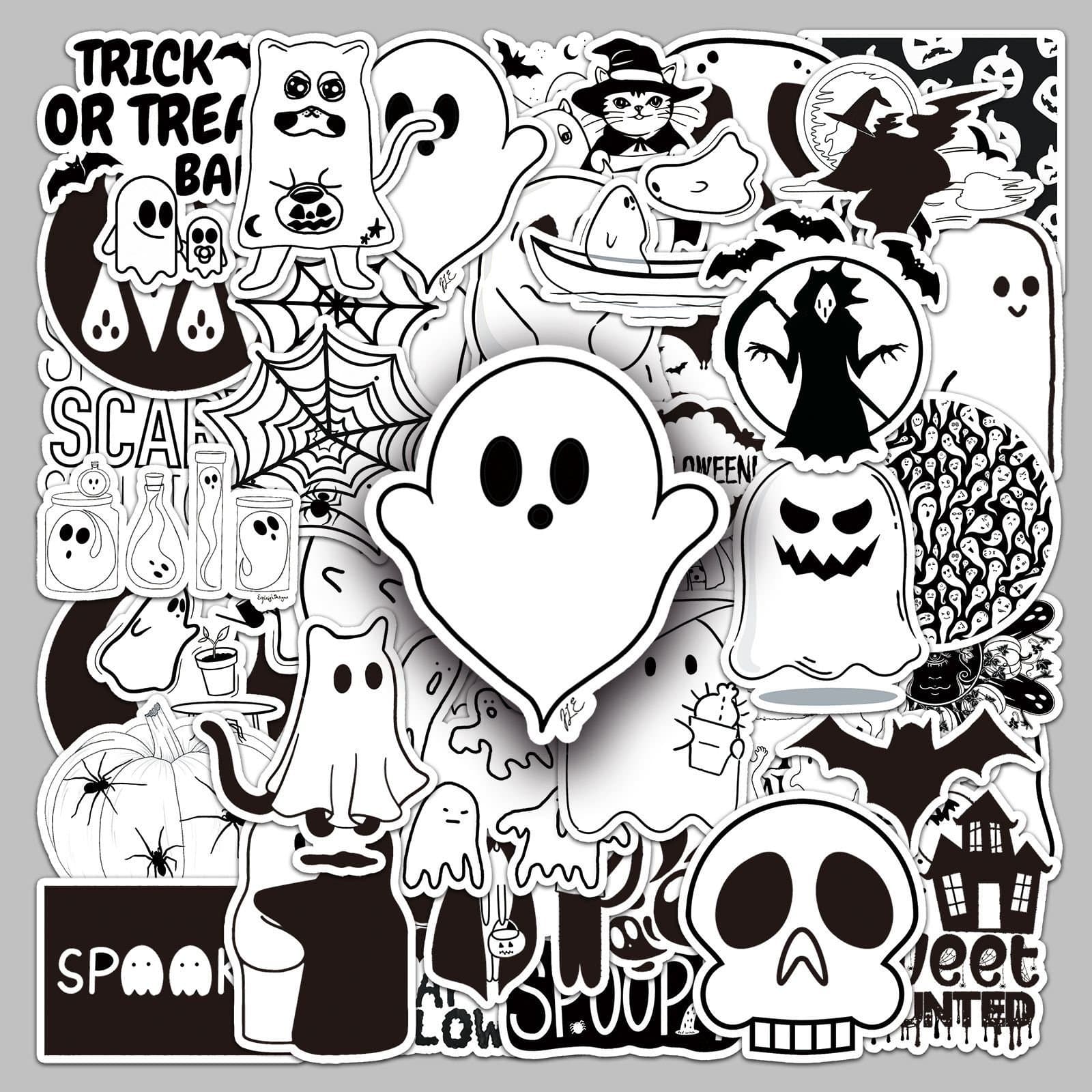 Black and white Halloween cartoon suitcase stickers, waterproof graffiti stickers, skateboard, computer tablet, and journal decorations.