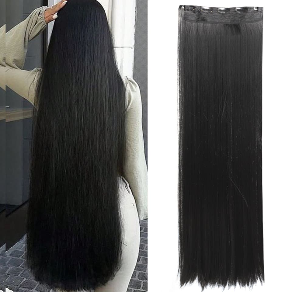 European and American Style Long Straight Hair Extensions for Women, One-Piece Five-Clip Hairpiece, Synthetic Hair Clip-In