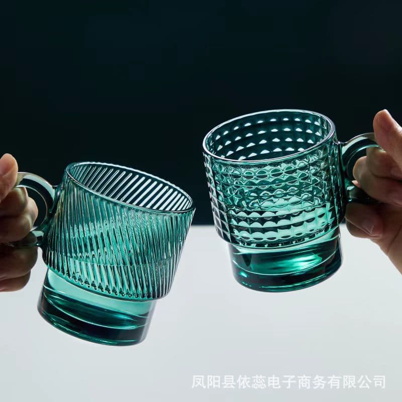 Dark Green Embossed Glass Cup, Simple Household Glass Water Cup, Household Glass Cup with Handle, Milk Cup, Tea Cup
