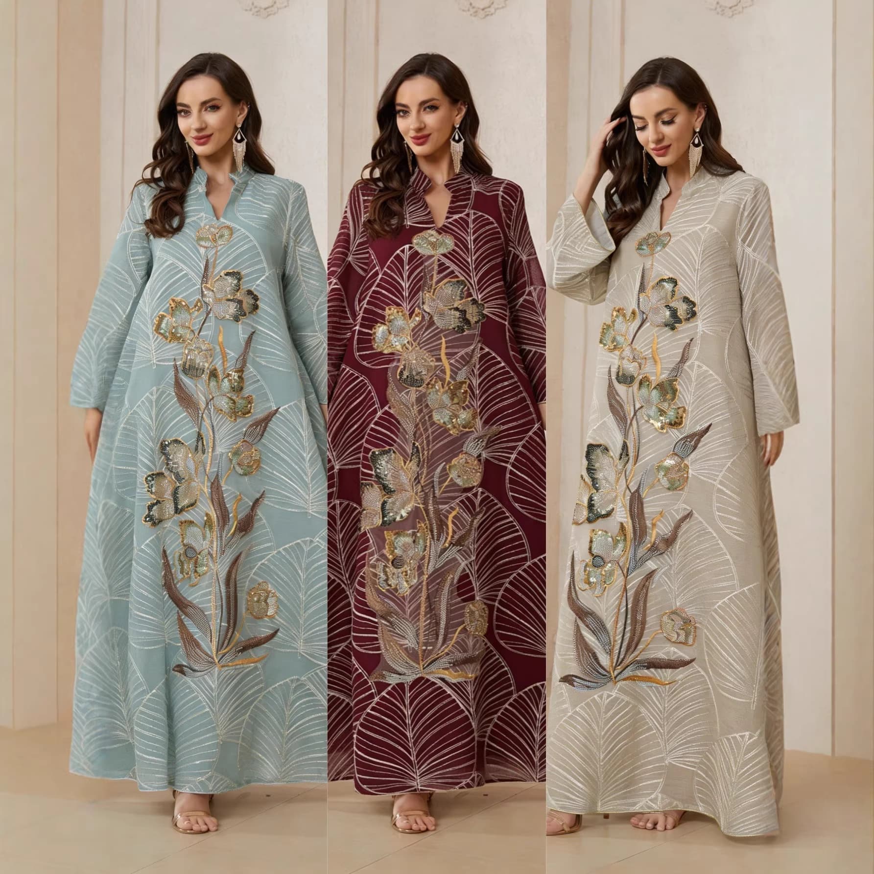 NC132 New Mesh Embroidered Dress Robe Abaya