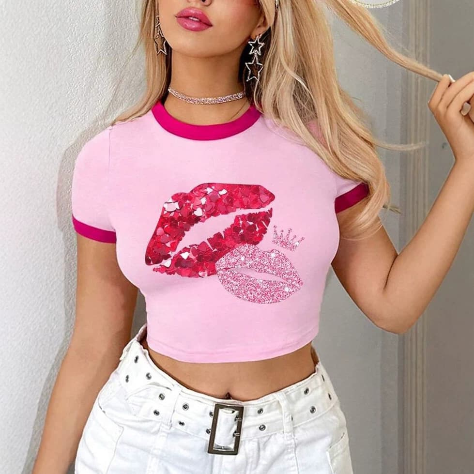 Women's Short Sleeve Fitted Crew Neck T-Shirt with Lips and Rose Print Casual Fashion Hot Sale Custom