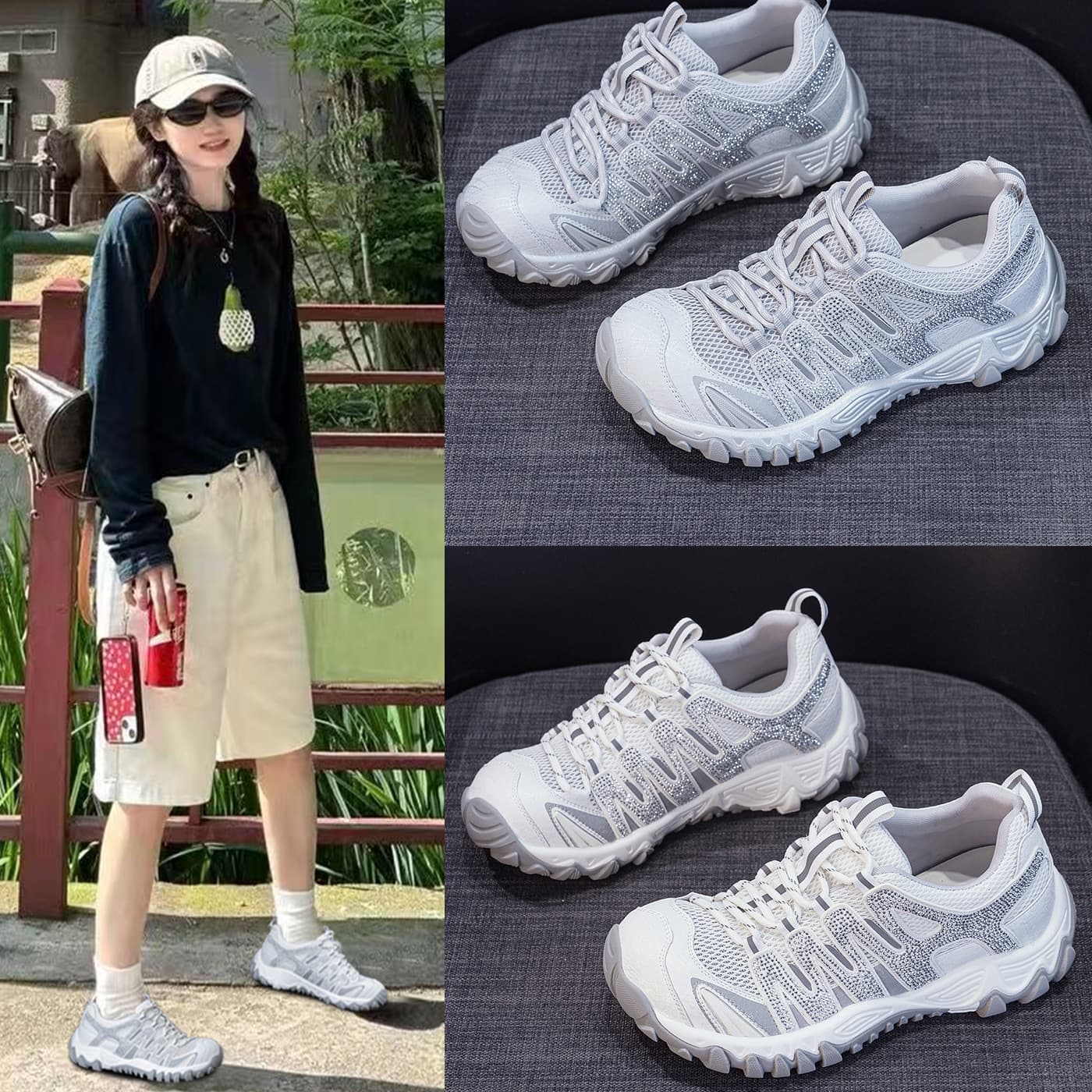 Crystal Thick Sole Dad Shoes Women 2026 Summer New Mesh Thin Women's Shoes Outdoor Hiking Running Sports Flat Shoes