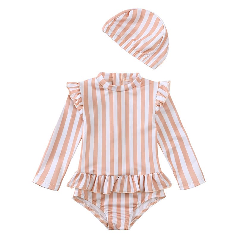 Korean Girl Floral Fresh Long-Sleeve Quick-Dry One-Piece Swimsuit for Toddlers and Kids, Cartoon Sun Protection Swimwear for Hot Springs