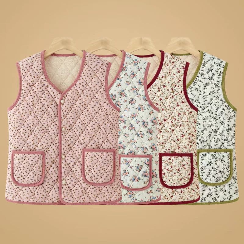 Middle-aged and elderly women's small fragrance style fleece-lined thick short trendy cotton coat, autumn and winter new style floral vest.