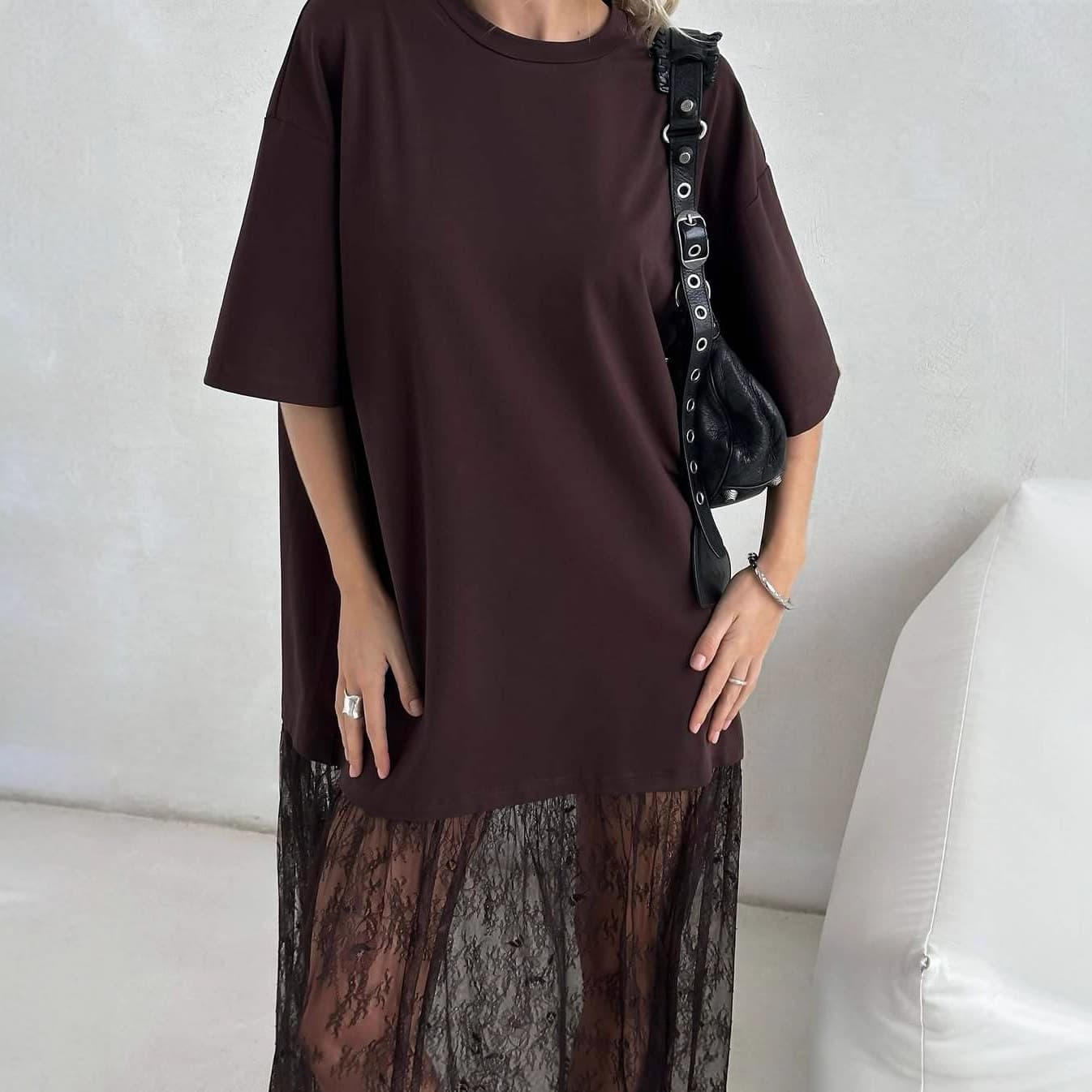 French European Style Mesh Patch Short Sleeve Dress Women 2025 Summer New Trendy Slimming Coffee Long Dress