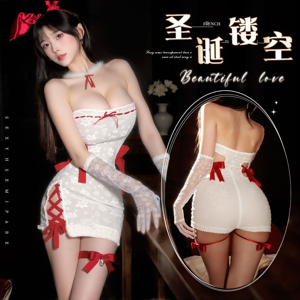 Cross-border White Christmas Set Lingerie Sexy Sleepwear Women Uniform Pure Desire Style Hollow-out Bodycon Skirt QQNY